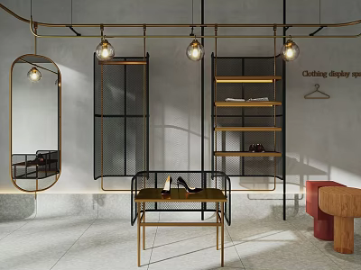 Modern Clothing Store Interior with Gold Display Racks Round Mirrors Pendant Lights and Wooden Table 3d model