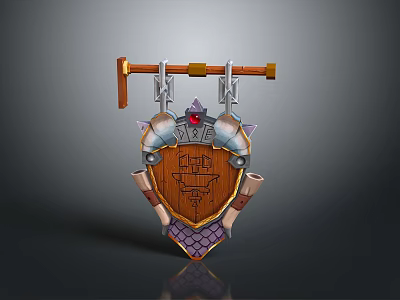 Decorative Shield With Wooden Panel Metal Accents Red Gem And Ornate Emblem 3d model