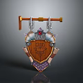 Decorative Shield With Wooden Panel Metal Accents Red Gem And Ornate Emblem