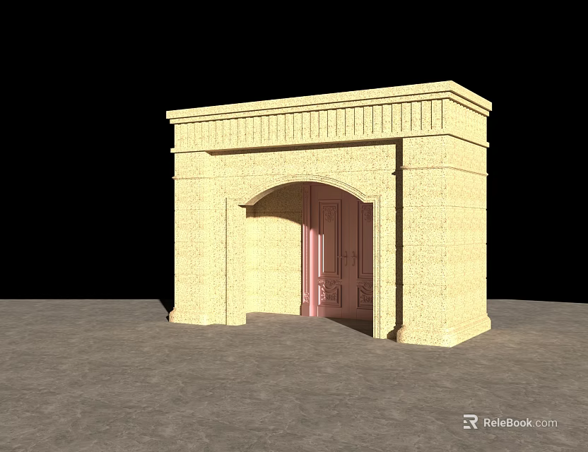 Beige Stone Entrance Gate with Arched Doorway Pink Door and Detailed Texture Design 3d model 