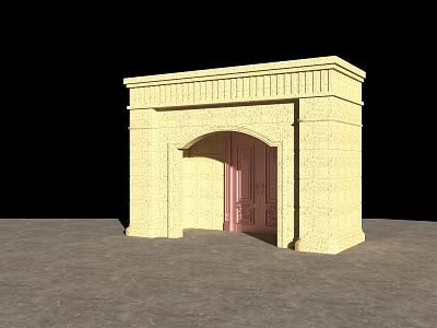 Beige Stone Entrance Gate with Arched Doorway Pink Door and Detailed Texture Design 3d model