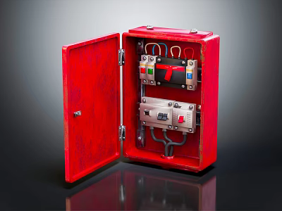 Red Electrical Control Box with Open Door and Internal Components Switches Indicators 3d model