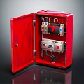 Red Electrical Control Box with Open Door and Internal Components Switches Indicators 3d model