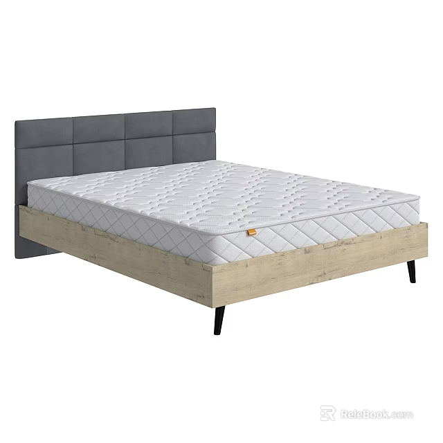 Modern Double Bed with Gray Padded Headboard White Diamond Stitched Mattress and Wooden Frame 3d model 