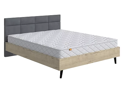 Modern Double Bed with Gray Padded Headboard White Diamond Stitched Mattress and Wooden Frame 3d model