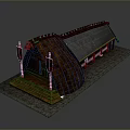 Ancient Traditional Building Model with Curved Thatched Roof Wooden Structure Stone Steps and Red Flags