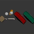 First Aid Supplies With Red Green Kits Cross Symbol Medicine Bottles Thermometer And Brown Pouch