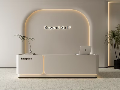 Elegant Modern Reception Desk With Arched Background Lighting Laptop And Potted Plants 3d model