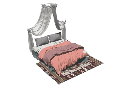 Double Bed with Canopy and Pink Purple Bedspread Gray Pillows and Area Rug 3d model