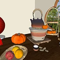 Traditional Chinese Tea Set with Natural Elements Fruits and Bamboo Tray on Wooden Table