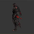 Armored Figure With Red Accents And Tattered Wings On Dark Background