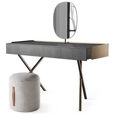 Elegant Modern Dressing Table With Round Mirror Wooden Top Metal Legs And Stool 3d model