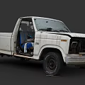 Old White Functional Pickup Truck With Single Cab Open Door And Blue Seats