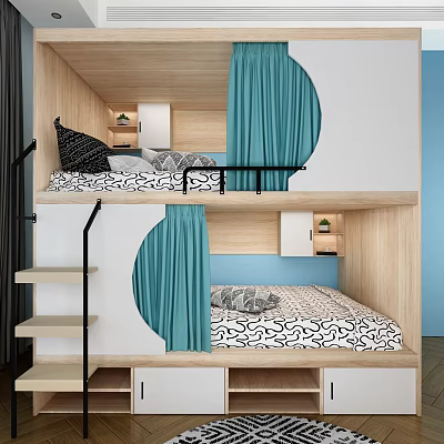 Modern Wooden Bunk Bed with Blue Curtains Stairs Storage and Patterned Mattress 3d model