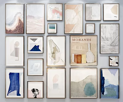 Diverse Framed Art Collection On Wall With Abstract Geometric And Morandi Prints 3d model