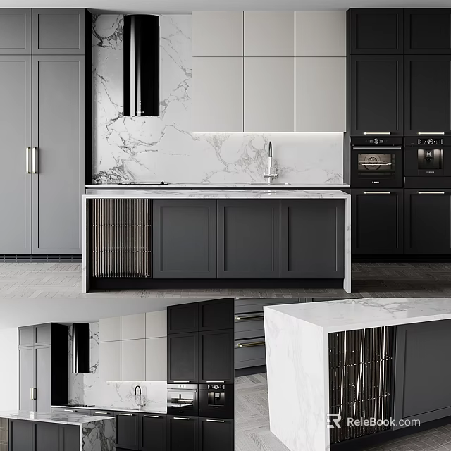 Modern Kitchen Interior Featuring Gray And Black Cabinets Marble Countertop And Appliances 3d model 