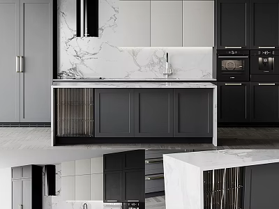 Modern Kitchen Interior Featuring Gray And Black Cabinets Marble Countertop And Appliances 3d model