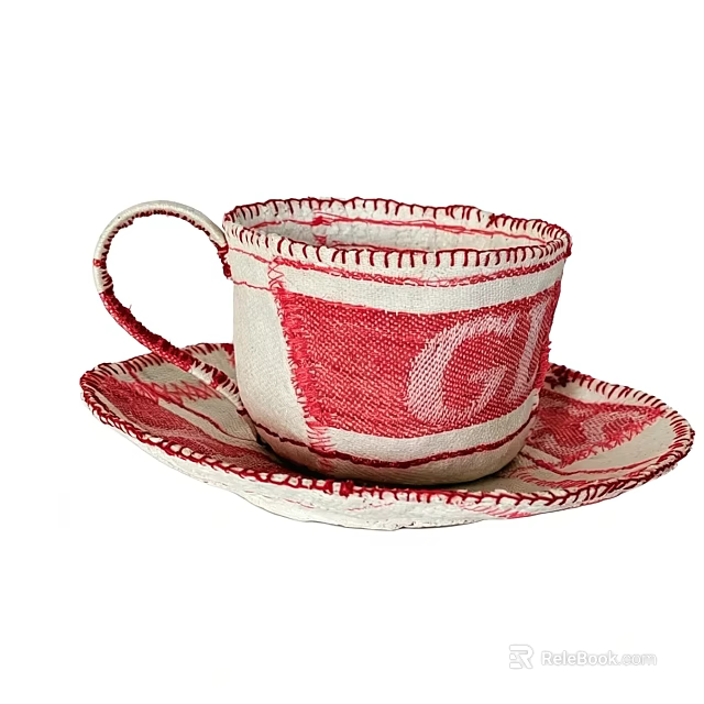 Red and White Ceramic Cup with Saucer Woven Texture and Letter G Design 3d model 