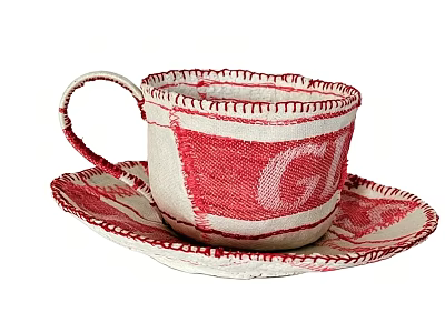Red and White Ceramic Cup with Saucer Woven Texture and Letter G Design 3d model