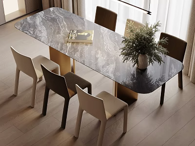 Modern Dining Table Set with Marble Top Mixed Color Chairs and Metal Legs 3d model