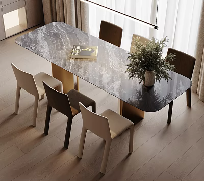 Modern Dining Table Set with Marble Top Mixed Color Chairs and Metal Legs 3d model