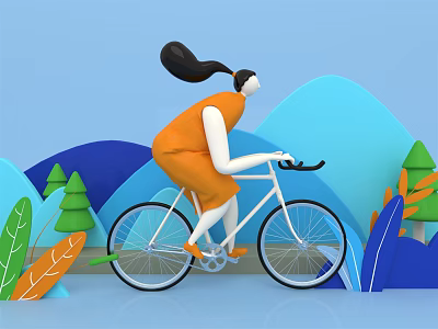Woman In Orange Outfit Riding Bicycle Amid Blue Mountains Trees And Colorful Leaves 3d model