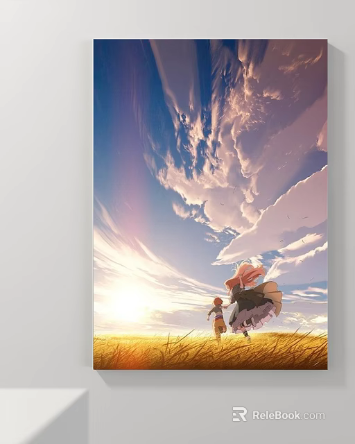 Scenic Landscape Painting with Sunset Sky Fluffy Clouds Green Grassland and Running Figures 3d model 
