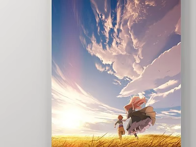 Scenic Landscape Painting with Sunset Sky Fluffy Clouds Green Grassland and Running Figures 3d model