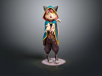 Cute Cat Eared Girl Character With Horned Hood Blue Cloak And Outstretched Hand On Pink Glow 3d model