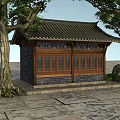 Traditional Ancient Building Featuring Tiled Roof Wooden Structure Big Trees And Stone Pavement