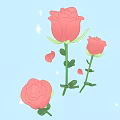 Cartoon Pink Roses with Green Stems Leaves Scattered Petals Shining Stars on Light Blue Background
