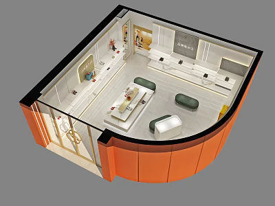 Modern Boutique Store Interior With Curved Design White Display Cabinets Green Sofa And Counter 3d model