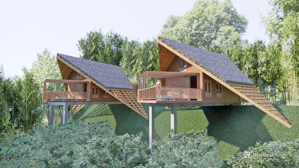 Modern Detached Villa Architecture With Sloped Roof Wooden Terrace And Lush Greenery Surroundings 3d model 