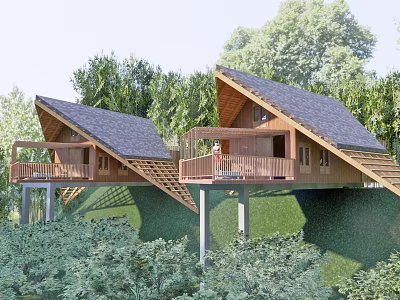 Modern Detached Villa Architecture With Sloped Roof Wooden Terrace And Lush Greenery Surroundings 3d model