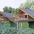 Modern Detached Villa Architecture With Sloped Roof Wooden Terrace And Lush Greenery Surroundings