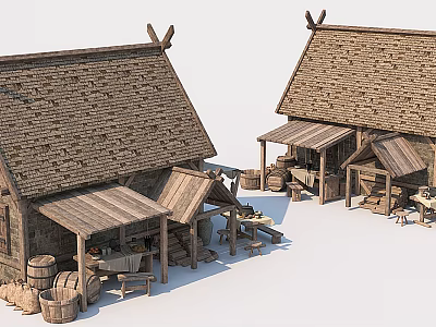 Ancient Wooden Houses With Thatched Roofs Market Stalls And Wooden Barrels 3d model