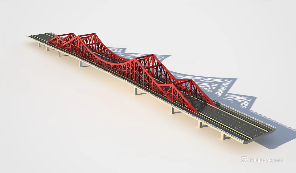 Red Steel Truss Bridge With Modern Design And Concrete Piers And Black Asphalt Deck 3d model 