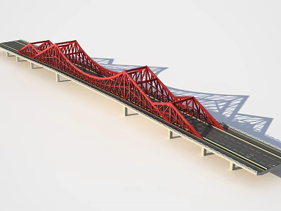 Red Steel Truss Bridge With Modern Design And Concrete Piers And Black Asphalt Deck 3d model