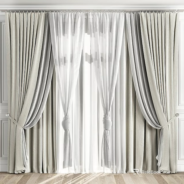 Elegant Light Colored Curtains With Sheer Panels And Tiebacks For Window 3d model