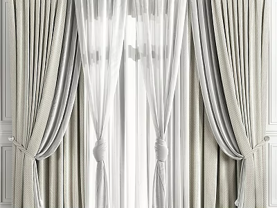 Elegant Light Colored Curtains With Sheer Panels And Tiebacks For Window 3d model