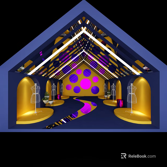 Creative Interior Design With Purple Pink Circles Golden Decorations Blue Ceiling And Curved Lines 3d model