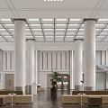 Modern Bright Spacious Bank Lobby Interior Design With Marble Columns And Comfortable Customer Waiting Areas