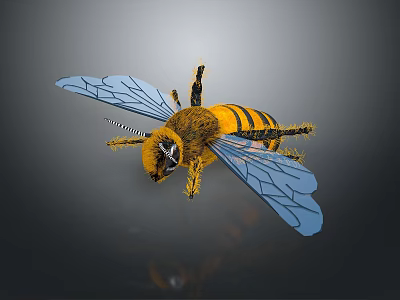3D Rendered Bee With Yellow Black Stripes And Blue Transparent Wings 3d model