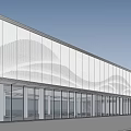 Modern Sales Office Building With Road Cars Pedestrians Trees And High Rise Buildings
