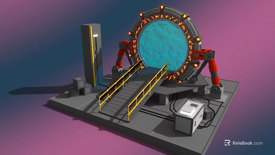 Smart Machine Featuring Large Circular Blue Core Red Robotic Arms Yellow Railings And Control Console 3d model 