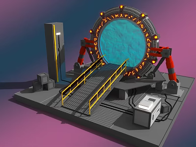 Smart Machine Featuring Large Circular Blue Core Red Robotic Arms Yellow Railings And Control Console 3d model
