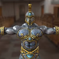 Muscular Game And Movie Character With Golden Decorated Armor And Helmet In Temple Hall