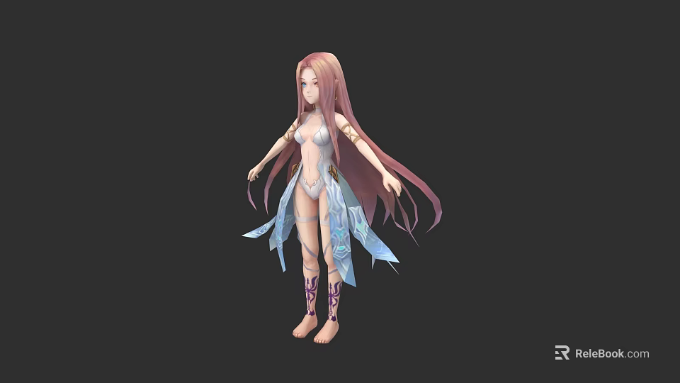 Game and Movie Character with Long Pink Hair Blue White Outfit and Flowing Skirt 3d model 