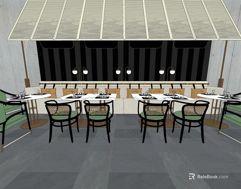 Dining Table Set With Green Back Chairs Black Frames And Gray Floor In Restaurant Interior 3d model 