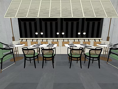 Dining Table Set With Green Back Chairs Black Frames And Gray Floor In Restaurant Interior 3d model